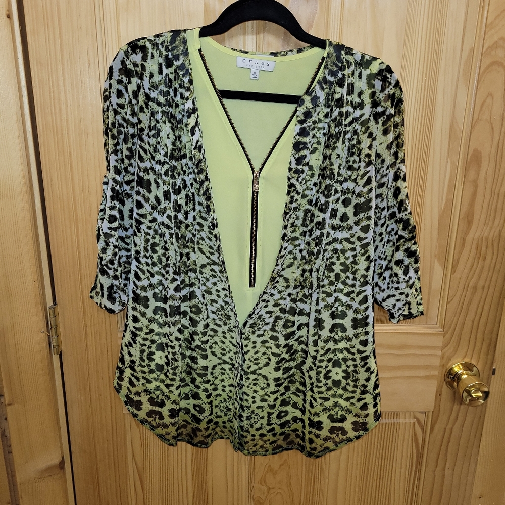 V Neck Blouse Set Lime Green Zip Tank Semi Sheer Snakeskin Print Gauzy Sm or Med